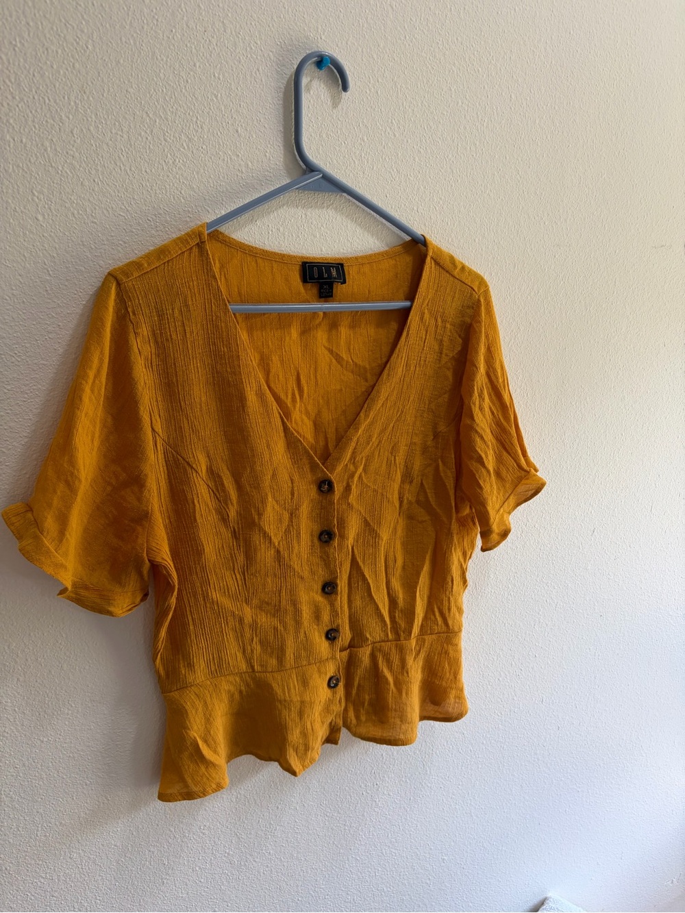 OLN Mustard Button-Front V-Neck Short-Sleeve Blouse